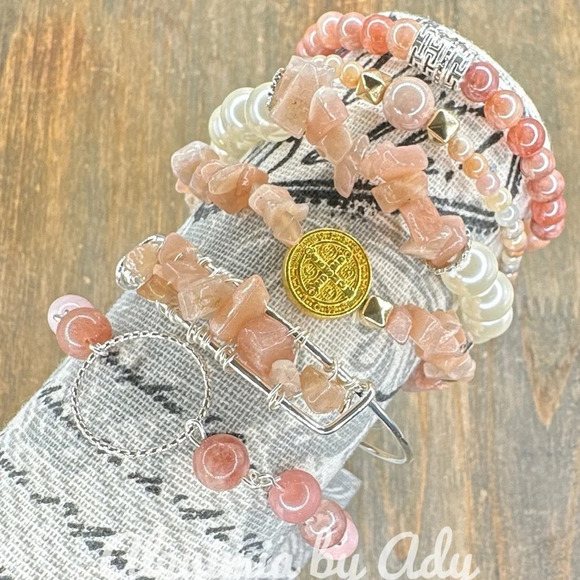 Peach Moonstone beaded bracelet Libra/cancer/rosary silver chain adjustable - Picture 4 of 11